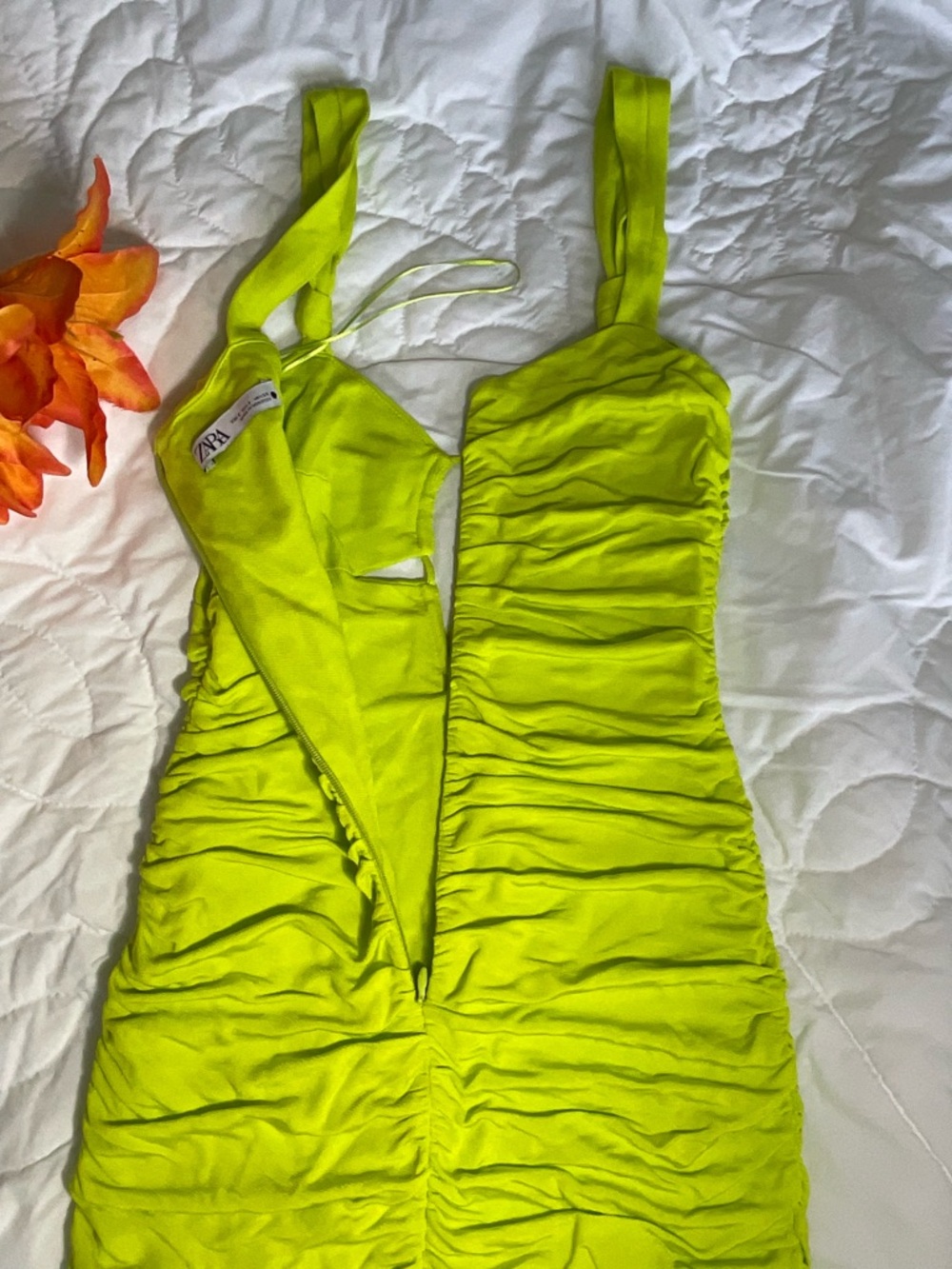 Zara Neon Lime Ruched Mini Dress - Picture 4 of 6